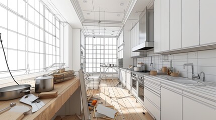 Aufkleber - A modern kitchen under renovation with new cabinets being installed, countertops in progress, and tools scattered around. Generative AI