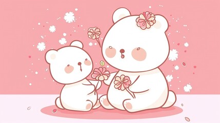 Poster -   A  bear sitting next to another on a pink background with snowflakes and flowers