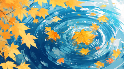 Tranquil Autumn Leaves Floating on Cool Water Background - 冷たい水の背景に浮かぶ静かな紅葉