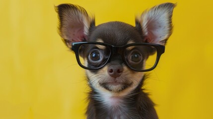 Poster - Adorable Chihuahua Puppy in Glasses on Yellow Background