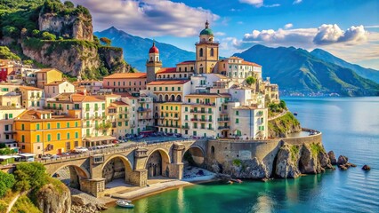 Wall Mural - Majestic view of Atrani town with colorful buildings overlooking the Amalfi Coast , Italy, Mediterranean, scenic