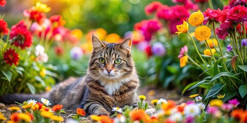 Wall Mural - Cat lounging in a lush garden surrounded by colorful flowers , feline, pet, relaxing, nature, outdoors, plants, flowers