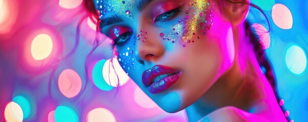 Wall Mural - Fashion model woman in colorful bright lights, featuring creative and glittery makeup.
