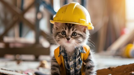 Adorable kitten dressed as a builder on a construction site