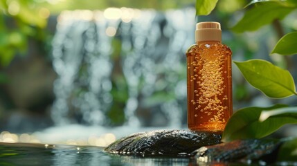 Fototapete - A glass bottle of product with a brown liquid and bubbles sits on a rock near a waterfall and greenery.