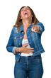© Krakenimages.com - Beautiful middle age woman wearing casual denim jacket over isolated background Laughing of you, pointing to the camera with finger hand over chest, shame expression