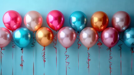 Poster -   Red, blue, and pink balloons line up in the center of a row against a blue wall