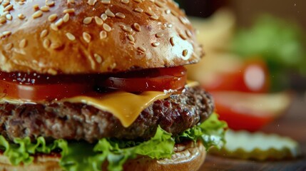 Wall Mural - juicy beef burger with melted cheese closeup
