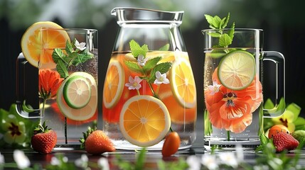 Wall Mural -   A pitcher of water, an orange pitcher, a lemon pitcher, and strawberries