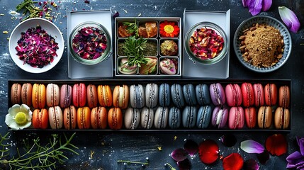 Sticker -   A top-heavy table with varied macaroons and bowls of diverse cuisines