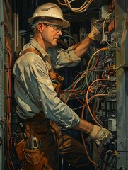 Aufkleber - Electrician in safety gear and gloves is focused on electrical wiring inside an open wall, surrounded by a network of wires and connectors. Generative AI