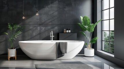 Wall Mural - luxurious modern bathroom interior with freestanding bathtub 3d visualization