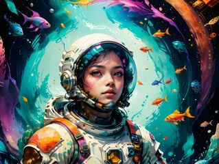 Wall Mural - female astronaut in a spacesuit swims underwater with fish