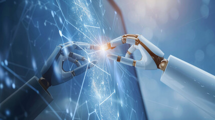 ai and machine learning concept: robot and human hands touching on a network of big data connections