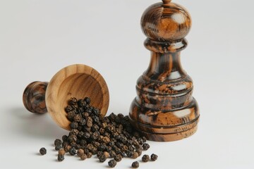 Wall Mural - A close-up of a pepper mill and its contents, with pepper flakes spread out on a white surface