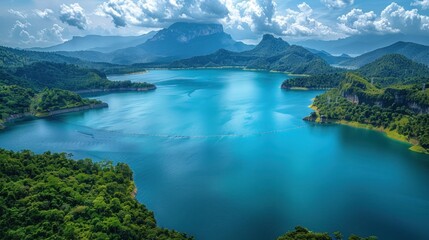 Wall Mural - Aerial View of a Serene Lake Surrounded by Lush Mountains