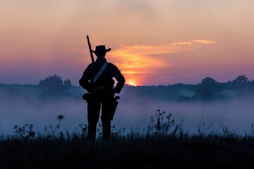 Wall Mural - A person holding a rifle in an open field, possibly used for hunting or photography