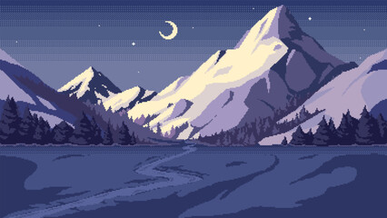 Pixel art snowy mountain background at night. Path through the snow field, pine forest, snow-capped peaks against sky with stars with moon crescent. Horizontal seamless nature vector illustration.