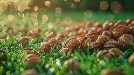 Wall Mural - Walnuts on vibrant green grass for a nutritious snack
