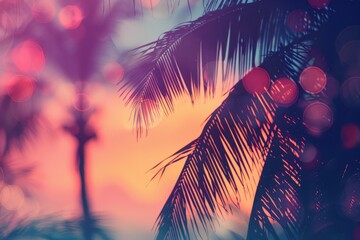 Wall Mural - beautiful sunset with palm trees, tropical background, blurred bokeh effect, in the style of vintage
