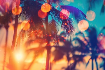 Wall Mural - tropical sunset with palm trees and bokeh background beautiful summer landscape miami, hawaii vacati