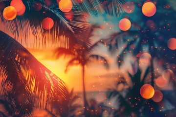 Wall Mural - Tropical sunset with palm trees and bokeh lights Vibrant summer background for vacation, travel poster or cover design Generative AI