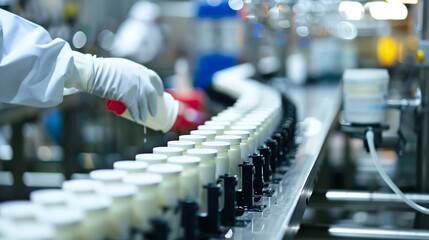 Sticker - a person in a white glove is filling a bottle with liquid from a machine in an assembly line