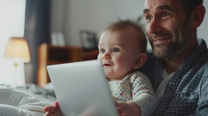 Poster - A man is holding a baby and looking at a tablet, male parent working at home