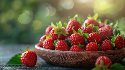 Wall Mural - Fresh Strawberries in Wooden Bowl on a Sunny Day