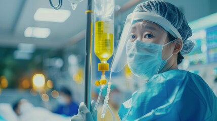 Wall Mural - A nurse is wearing a mask and gloves and is holding a syringe, medical dropper concept