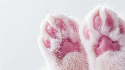 Close up of two cute cat s pink paws with white space