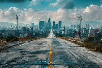 a city skyline visible from an empty road, great for use as a backdrop or establishing shot