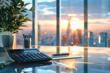 Wall Mural - A solar-powered calculator and a plant-based ink pen on a modern glass desk, with a city skyline visible through large windows