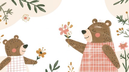 Poster -  Two brown bears standing on a field of flowers against a white background