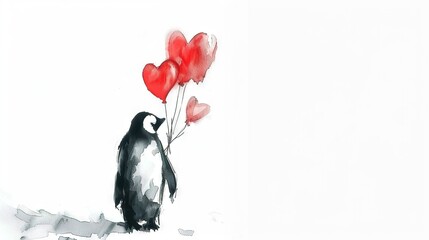 Wall Mural -   A penguin clutching red balloons on a white background, framed by another penguin holding the same