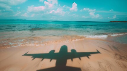 Captivating travel scene featuring an airplane silhouette casting a shadow on a tranquil beach.