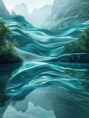 Wall Mural - Abstract Landscape with Wavy Water Reflection