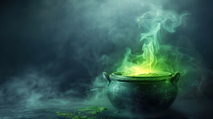 Green potion steaming from cauldron in dark room