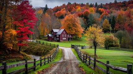 A red house with a red roof sits in a rural area with a road leading to it. The road is surrounded by trees and the leaves are changing colors, giving the scene a warm and cozy atmosphere