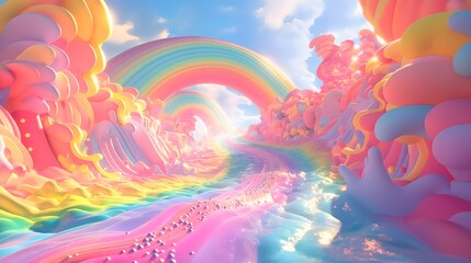 Wall Mural - 2. **Prompt 2:** Illustrate an enchanting 3D scene capturing a whimsical journey through a vibrant rainbow splash. Against a backdrop of cute and colorful abstract patterns, render the rainbow with
