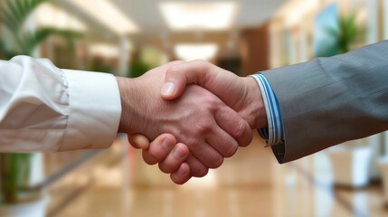 A close-up of a handshake with a modern, minimalistic office environment faintly visible in the background