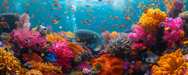 A vibrant coral reef bustling with activity, with colorful fish darting among intricate coral formations.