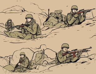 sometric Soldiers in the trench. Trenches, securing positions. Soldiers at war. Sitting With Rifle Weapon In An Ambush In Trench. Special force crew. Military concept for army, soldiers and war