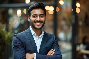 Businessman Indian. Confident Young Businessman Poses with Crossed Arms, Smiling Happily