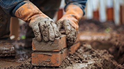 A close-up shot of a skilled bricklayer carefully laying bricks on a construction site, with a copy space background perfect for adding text or graphics related to construction projects 