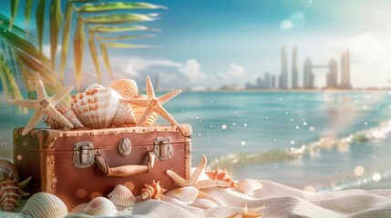 Wall Mural - A blue suitcase is on the beach next to a pile of shells and a starfish. Generate AI image