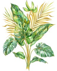 Wall Mural - Tropical Leaves Outline. Watercolor Wedding Bouquet of Green and Golden Palm and Monstera Leaves