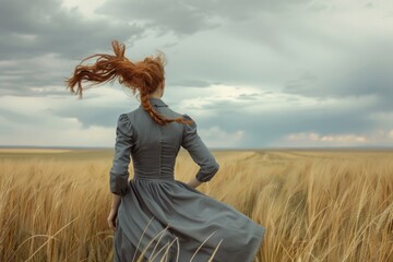 Wall Mural - A woman stands in a field of tall grass