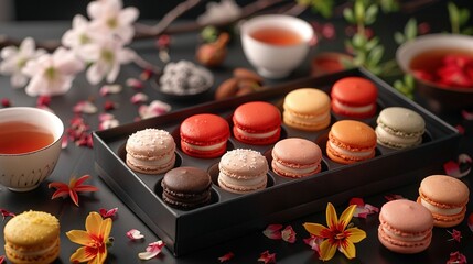 Wall Mural -   A tray of various macaroons sits beside a steaming cup of tea and fresh floral arrangements on a table