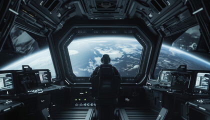 Wall Mural - a man is sitting in a spaceship cockpit looking out at the earth by ai generated image